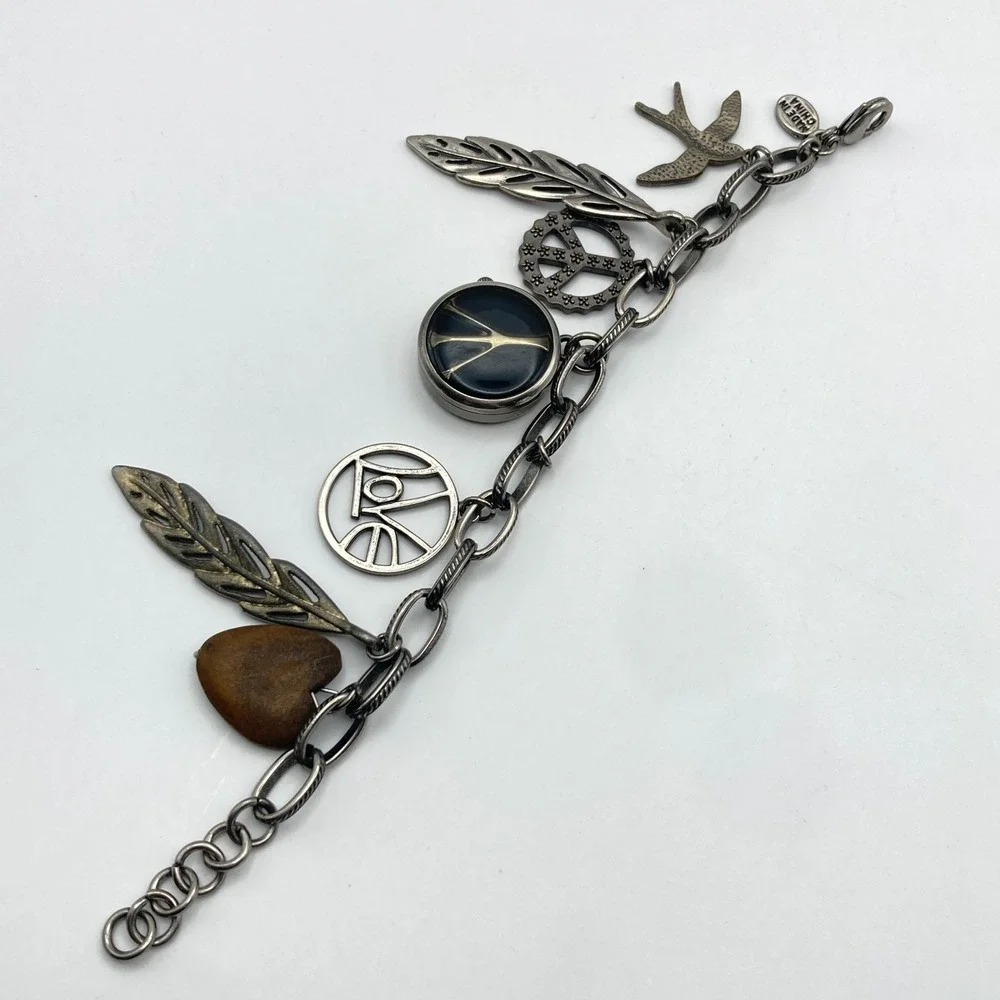 Decree Charm Bracelet Women's Watch Gunmetal Peace Love 25mm New Battery 7.25